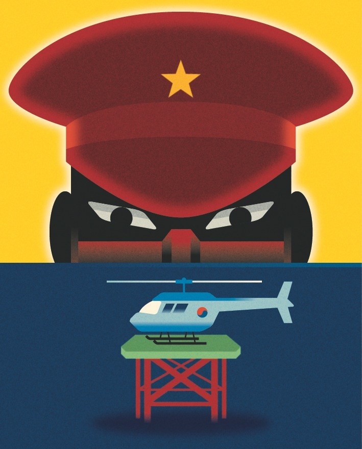 Illustration of a military cap with star and angry eyes above a helicopter on an oil platform in water.