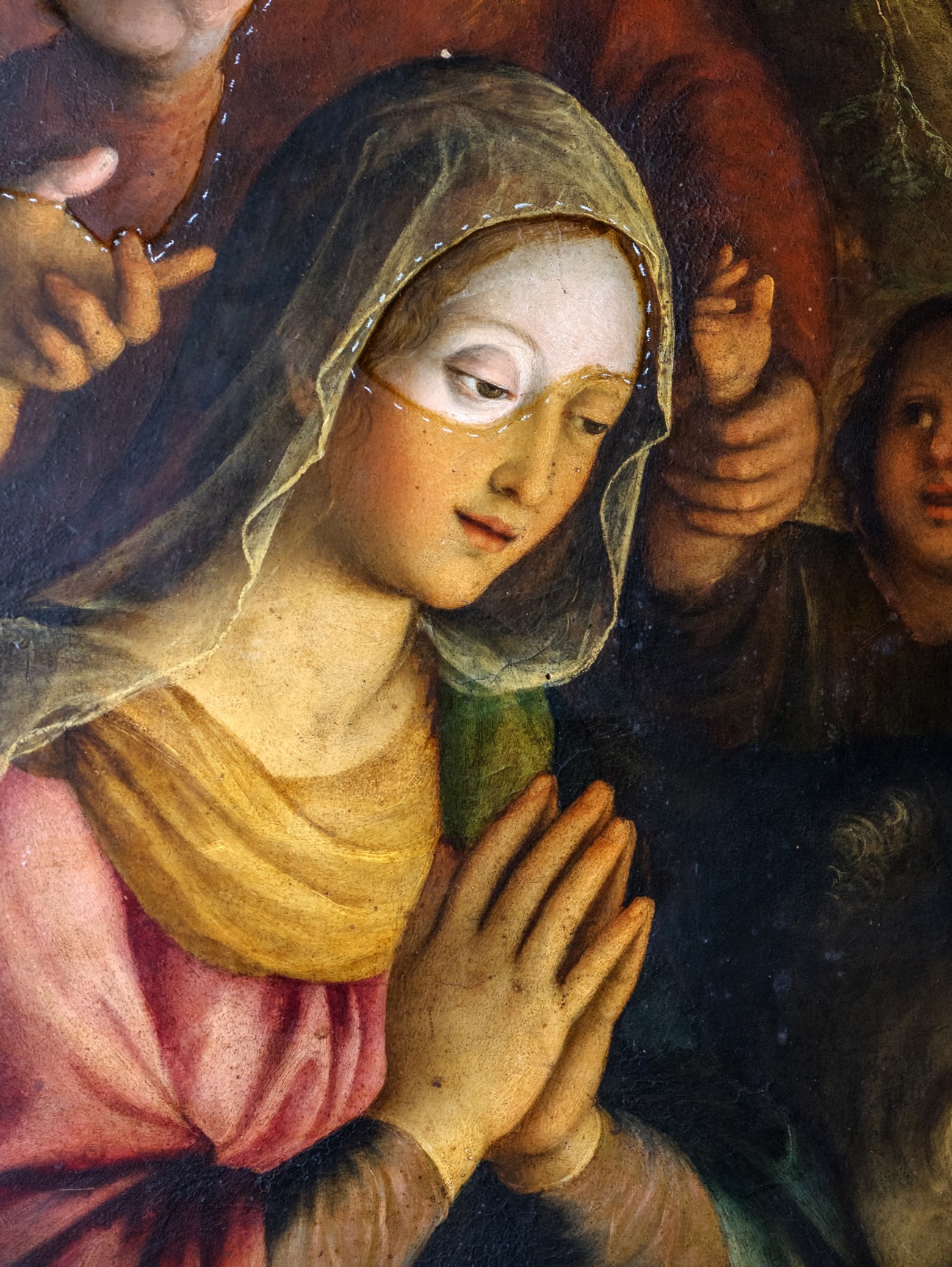 Detail of partially cleaned Virgin Mary face from late 16th-century painting by Fabrizio Santafede