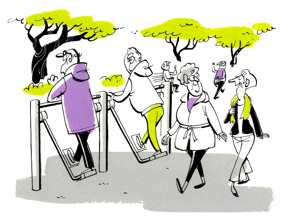 Illustration of older adults exercising on outdoor gym equipment in a park with trees.