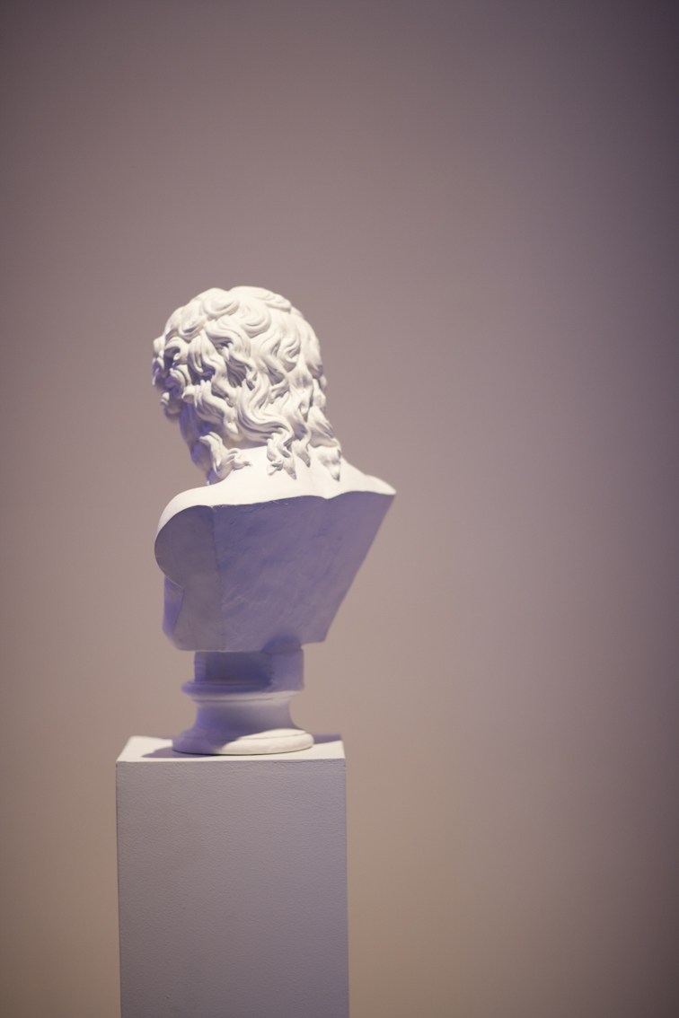 White classical marble bust sculpture displayed on a pedestal against a neutral background.