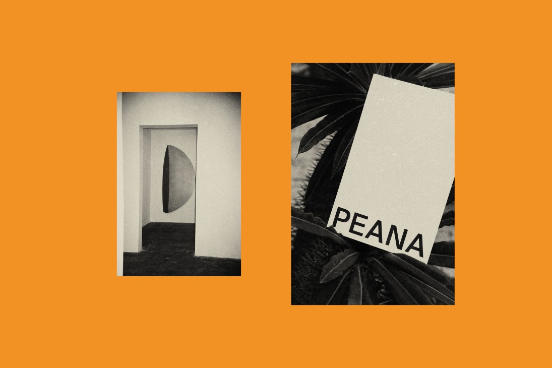 Monochrome images showing minimalist design elements: a geometric doorway and a cream-colored card with 'PEANA' typography on foliage.