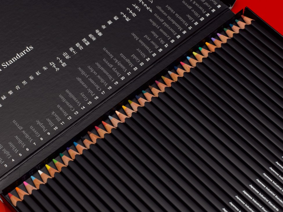 Düller coloured pencils in a box with numbered and named shades displayed in rows.