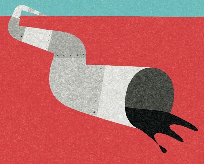 Illustration of an industrial pipeline with geometric shapes in red, white, gray and black.