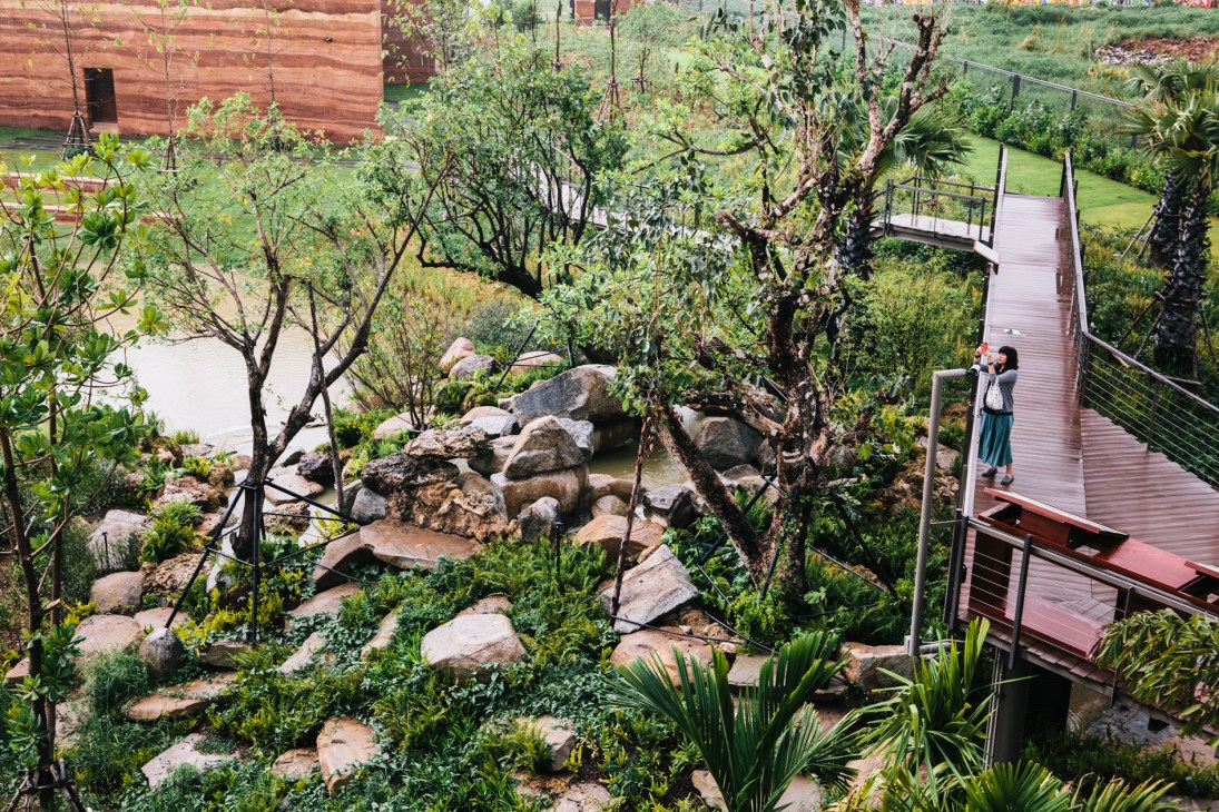 A natural stream flows through lush tropical vegetation with large boulders and trees, viewed from a wooden walkway at PTT City Forest in Bangkok.
