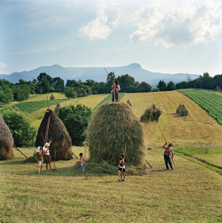 The Borca family makes haystacks in a mountain valley in Maramures, Romania, with Carpathian peaks in the distance.