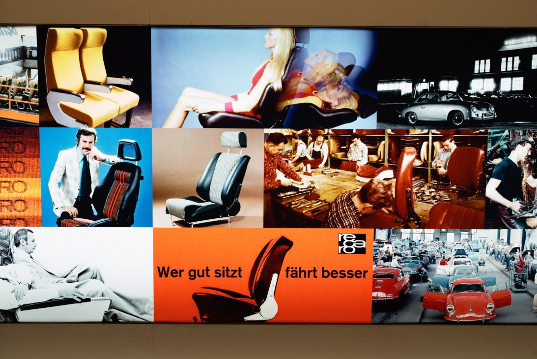 Recaro company storyboard displaying vintage automotive and aviation seat designs with classic advertisements and vintage cars.