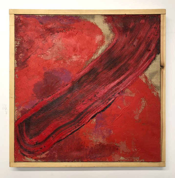 Red Hibiscus Sketch by Alvaro Barrington, a 66cm square abstract painting with red, dark maroon and cream tones in a wooden frame.
