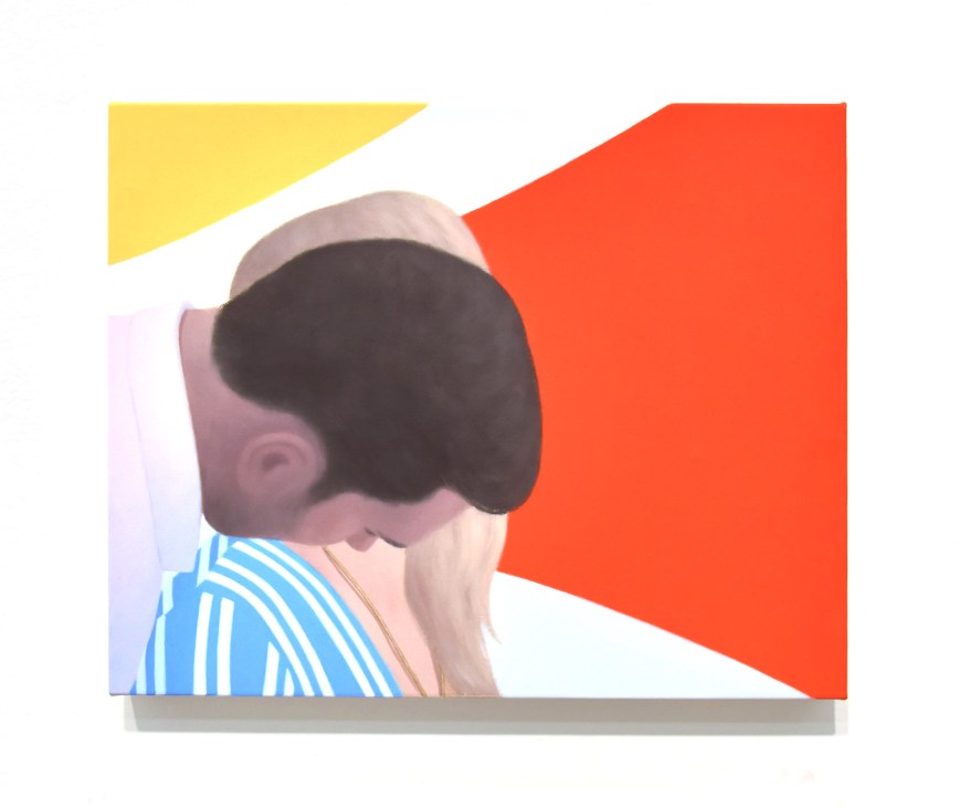 Illustration of a person wearing a blue striped shirt viewed from behind with a large dark shape covering their head against geometric yellow and red shapes.