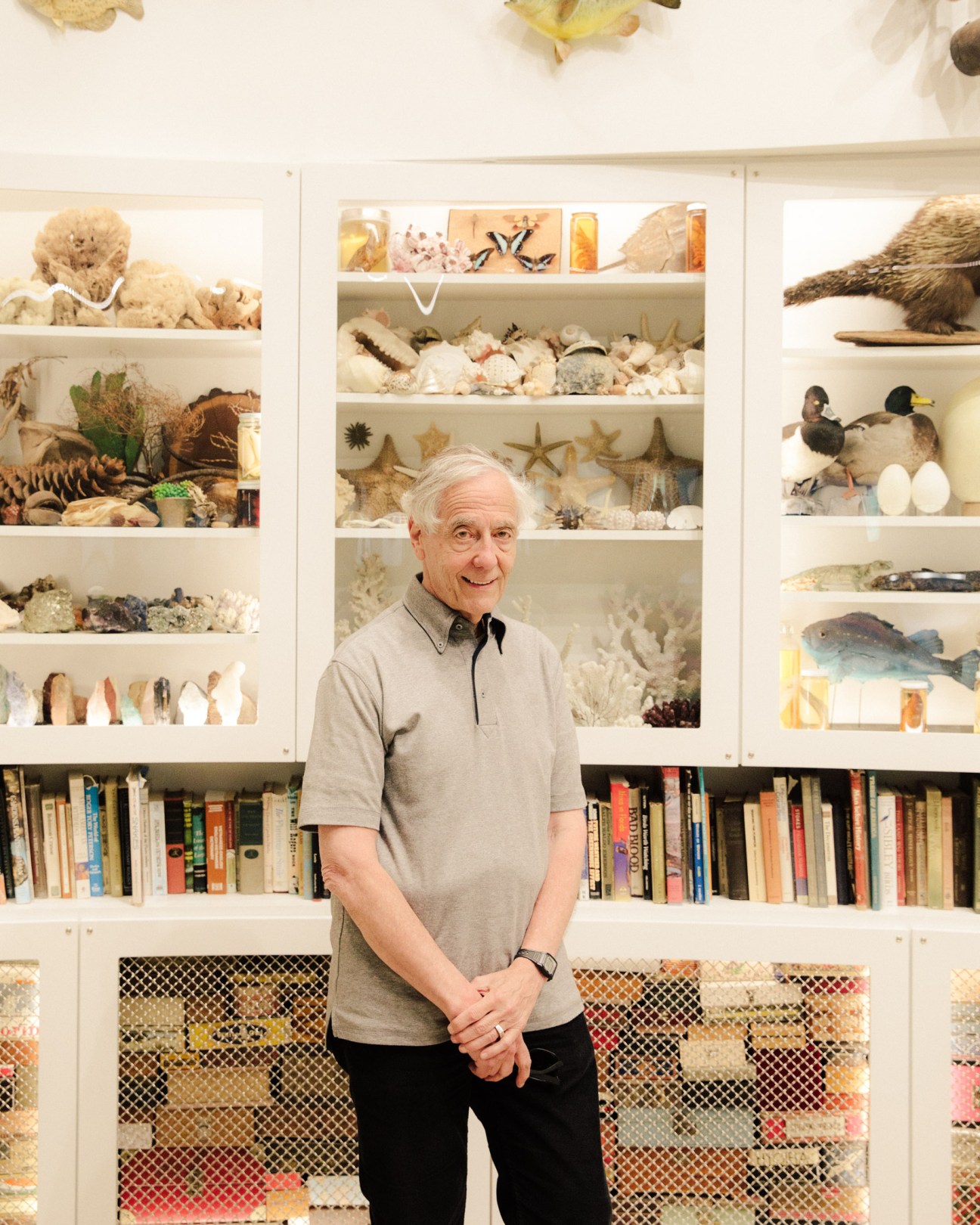Older man with white hair smiling at camera in front of shelving displaying shells, corals, taxidermied animals and books.