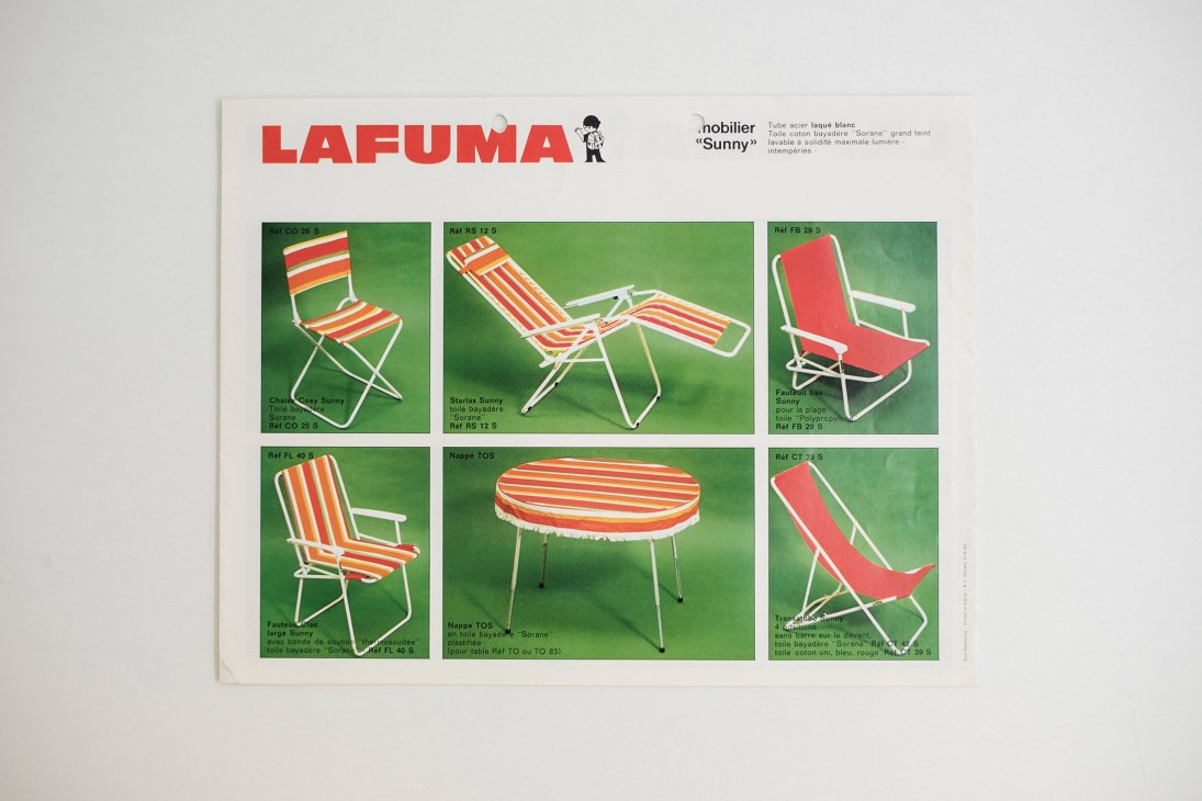Vintage Lafuma Mobilier brochure displaying six colorful camping chairs and a table with striped fabric in red, yellow, and green on white metal frames against a green background.