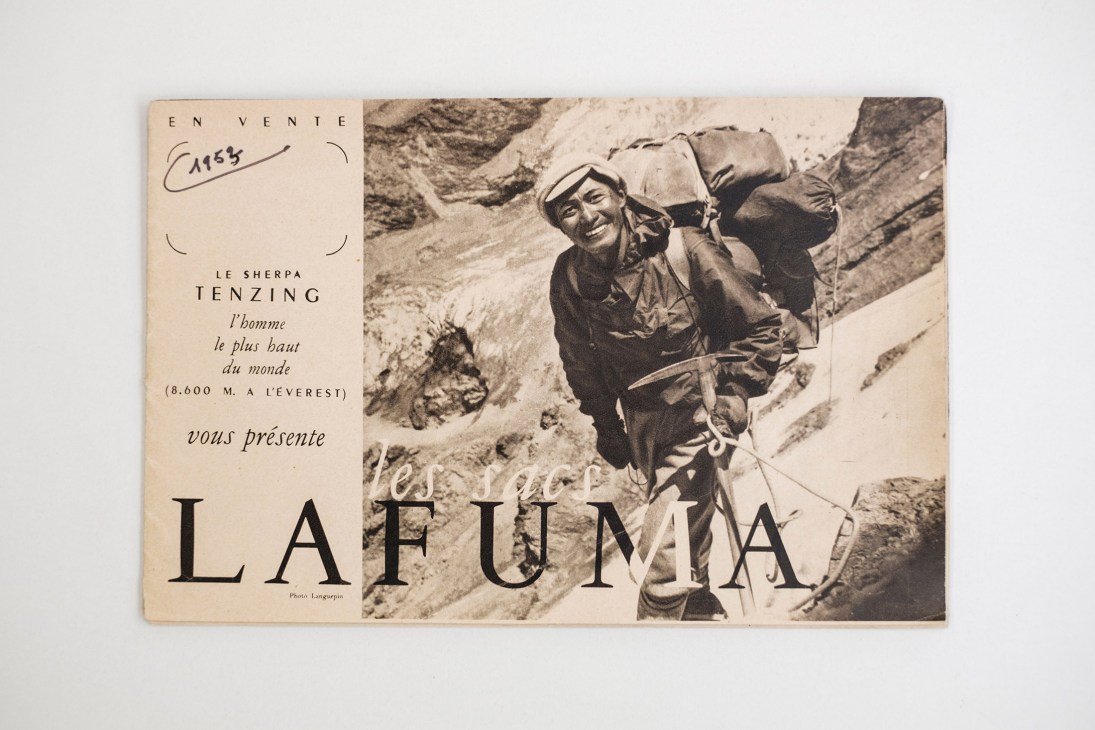 Vintage Lafuma brochure featuring Everest mountaineer Tenzing Norgay wearing Lafuma backpack on mountain