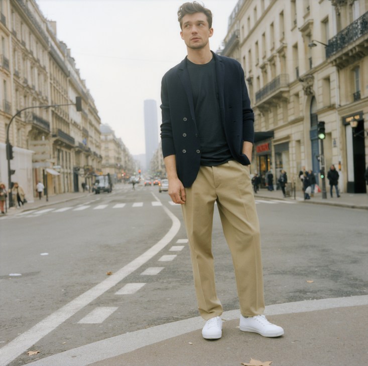 Man wearing navy jacket, black t-shirt, beige trousers and white trainers standing on a Parisian street.