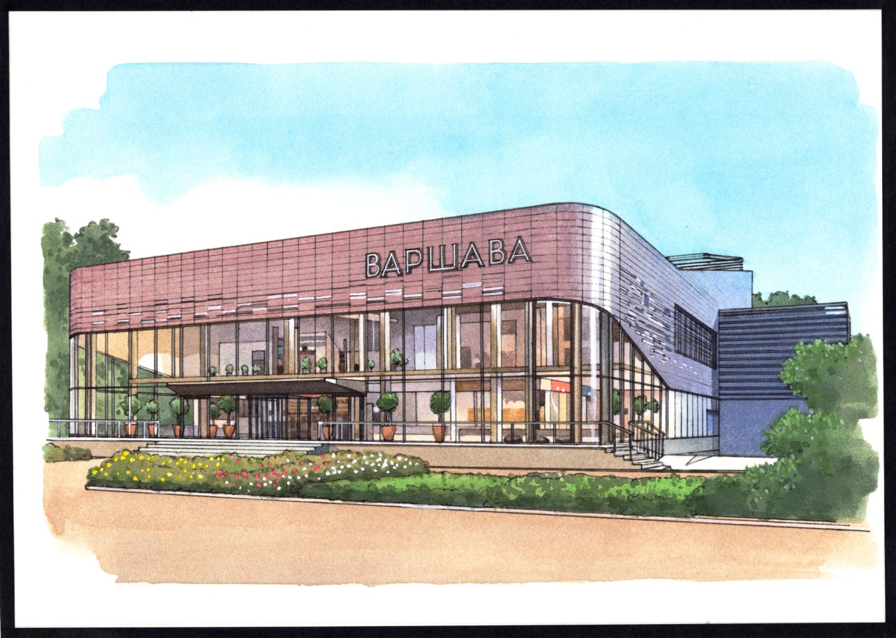 Architectural rendering of The Warsaw cinema with modern glass facade, red brick signage, and landscaped entrance.
