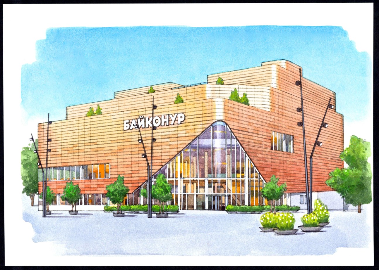 Architectural rendering of Baikonur cinema with brick facade, glass entrance, and surrounding landscaping