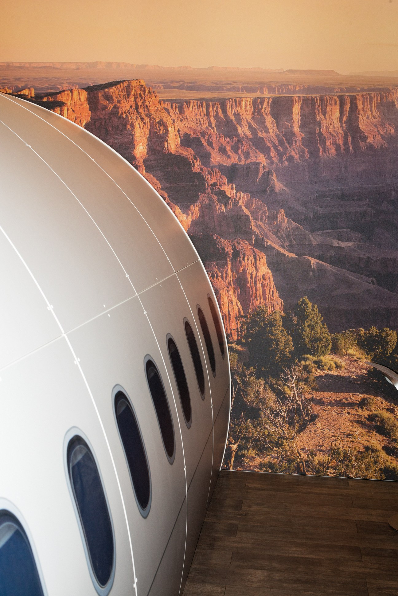 Mock aircraft fuselage with window row displayed against large-scale Arizona canyon backdrop at trade show.