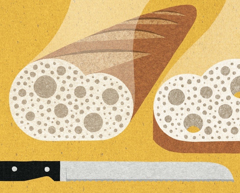 Illustration of sliced bread with wheat stalks and a knife on yellow background.