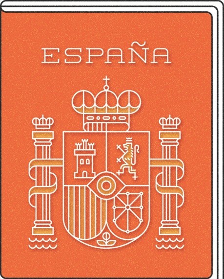 Spanish coat of arms with crown and pillars on orange background labeled España.