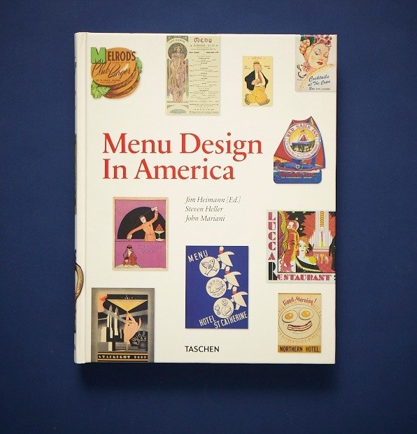 Menu Design In America book cover featuring vintage American restaurant menu illustrations and typography on a cream background.