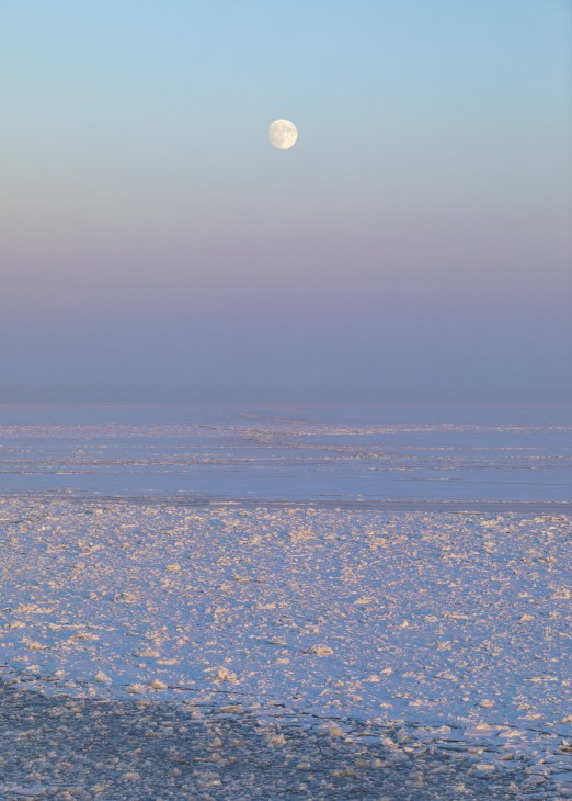 A full moon visible in a light blue sky above a frozen sea with ice floes at dawn.