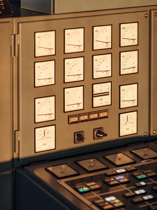 Analog dials and gauges on the bridge control panel of the icebreaker Kontio.
