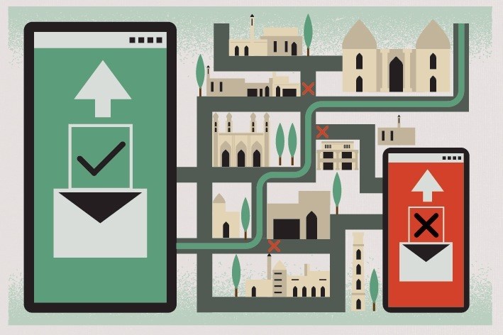 Illustration of two smartphones with maps showing navigation arrows and checkmarks for Palestinian traffic app Ezma.