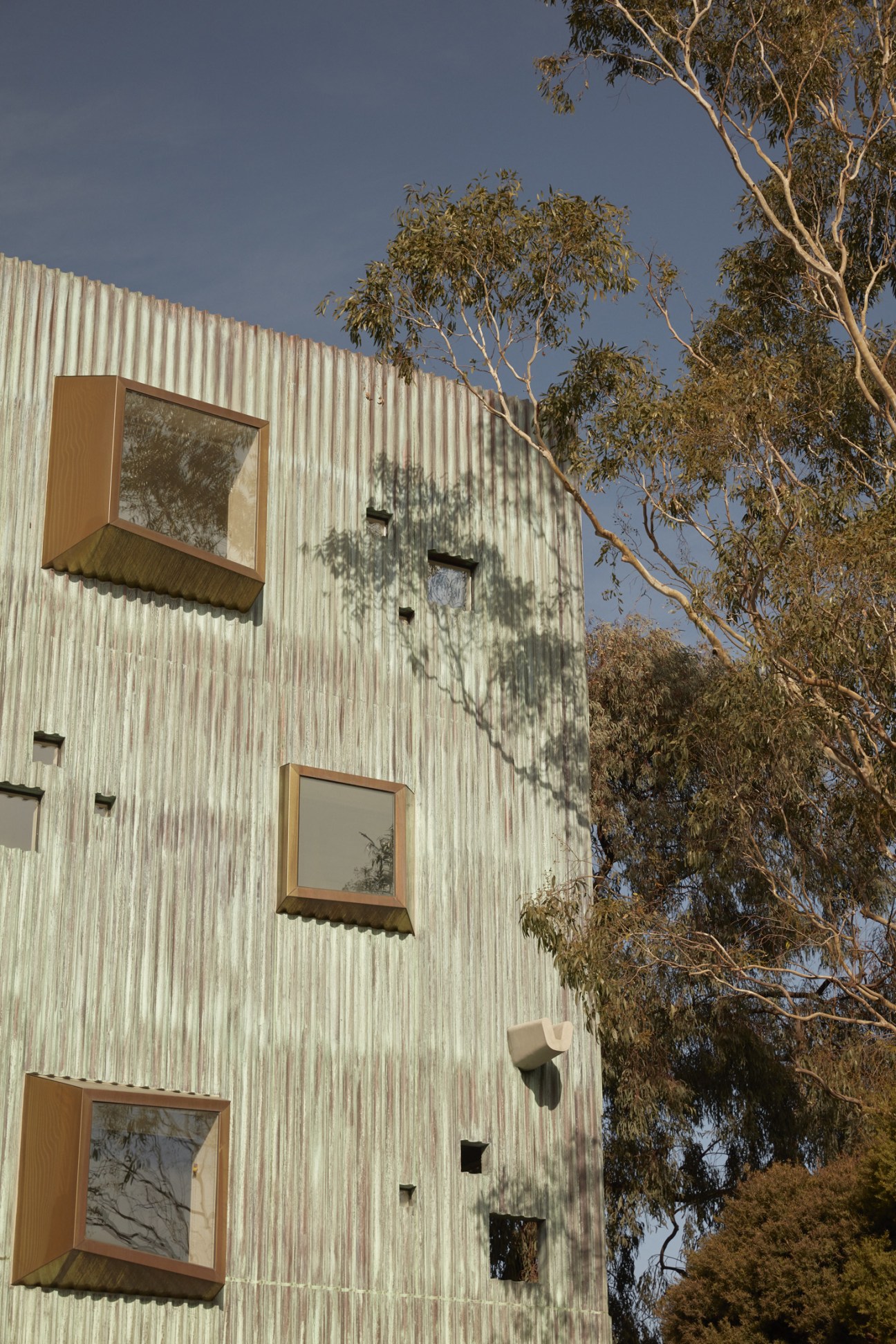 Whitlam Place apartment building with oxidised copper corrugated façade, bronze pop-out windows, and eucalyptus trees.
