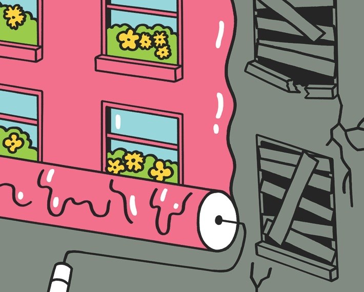 Illustration of a colorful pink building with flowering window boxes next to a gray stone structure.