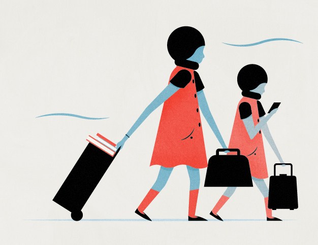 Illustration of two figures in red capes and blue skin carrying luggage, representing education and travel.