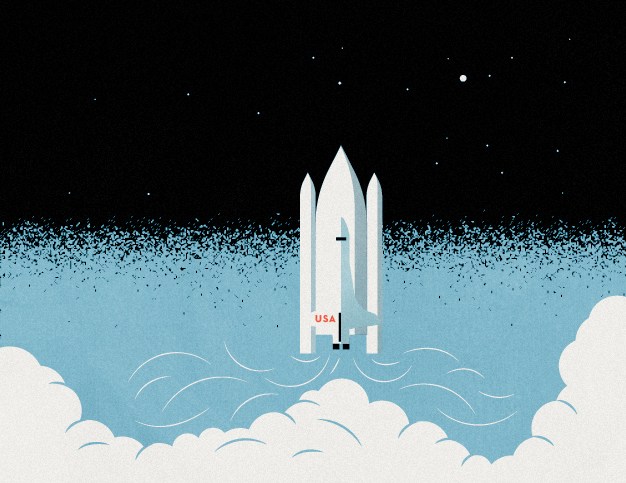 Illustration of a white space shuttle labeled USA launching through clouds into a starry sky.