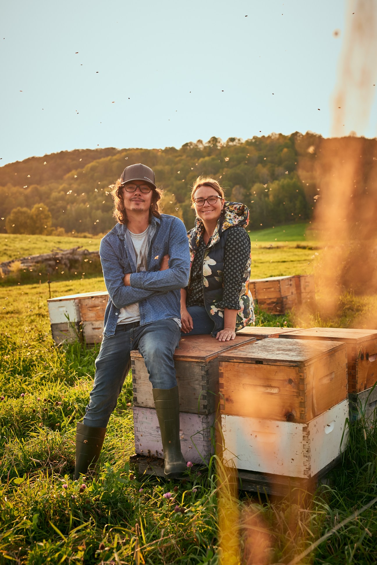 Anne-Virginie Schmidt and Anicet Desrochers sitting on wooden beehives in a field at golden hour with bees flying around
