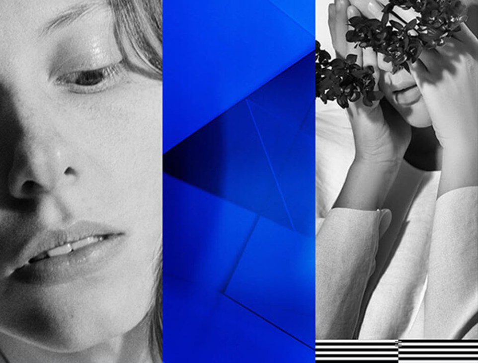Black and white composite image featuring a woman's face smoking, blue geometric shapes, and hands holding dark foliage.